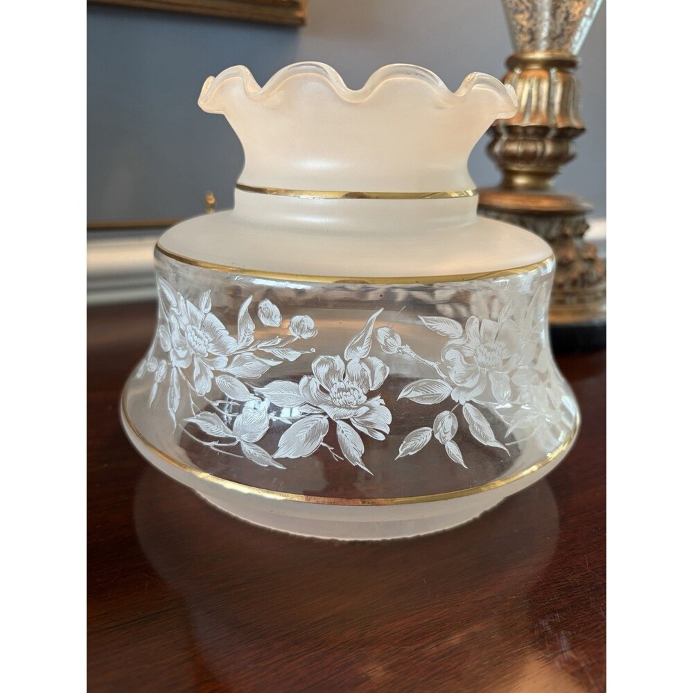 Vintage Quoizel Satin Lace Hurricane Lamp Shade Peach Amber Floral 6”